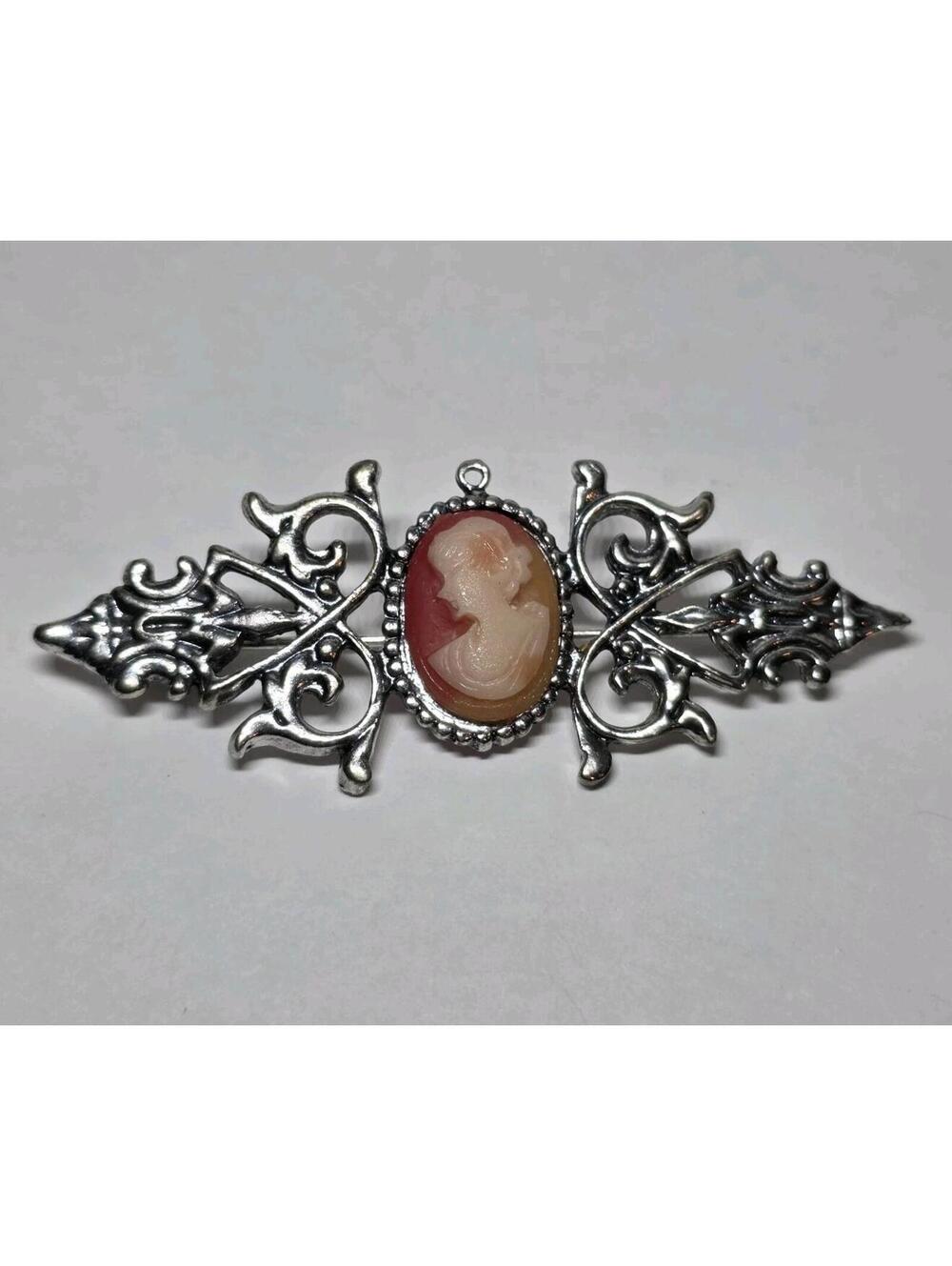 Vintage Style Cameo Brooch Silver Tone Ornate Lady Side Profile Pin EUC